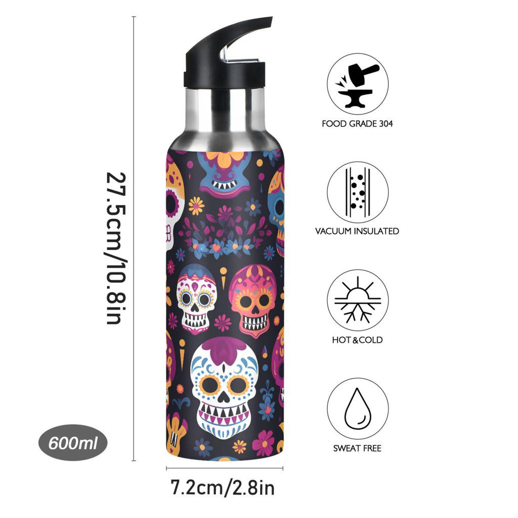 Colorful Skeletons Skulls Stainless Steel Insulated Water Bottle with Straw Lid V436
