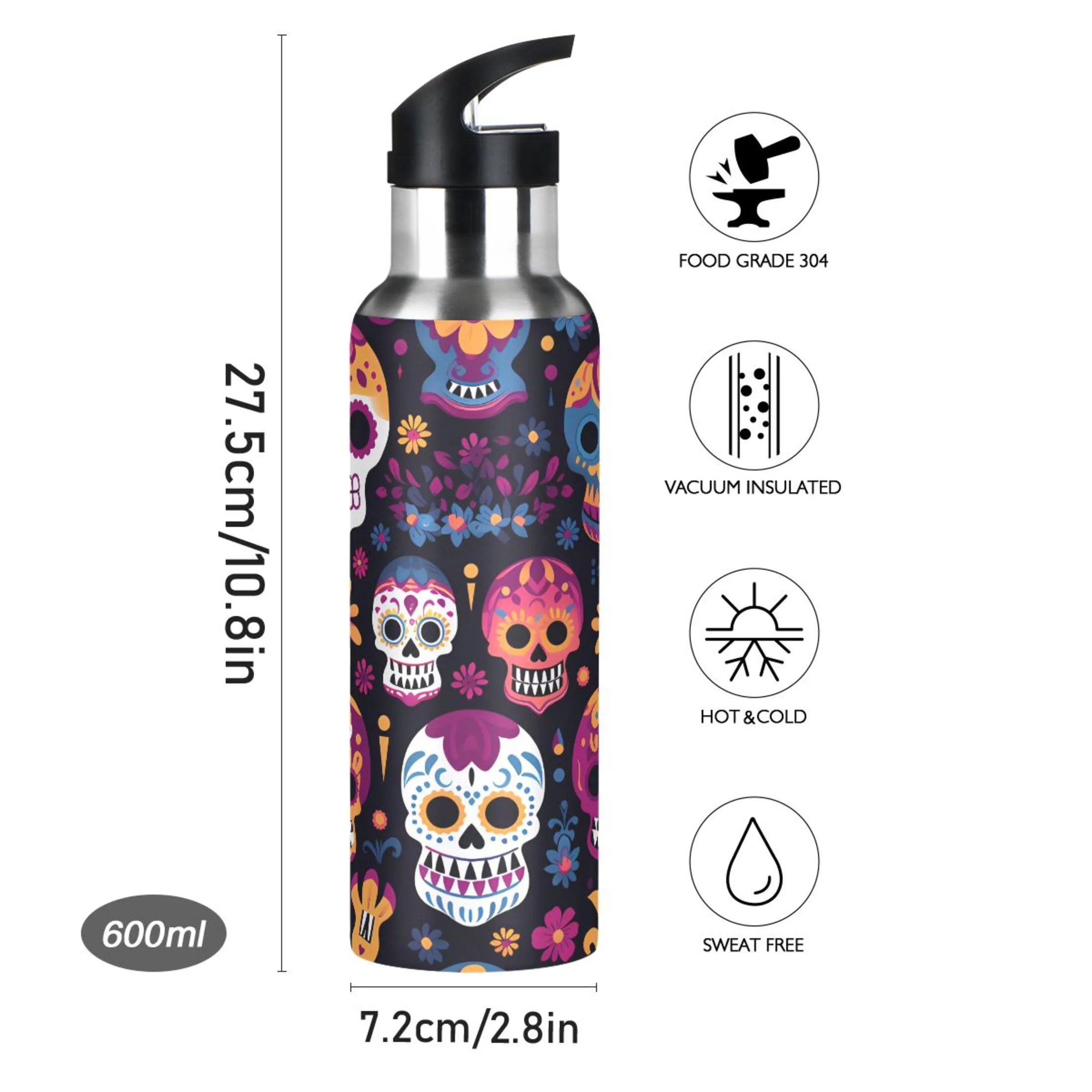 Colorful Skeletons Skulls Stainless Steel Insulated Water Bottle with Straw Lid V436
