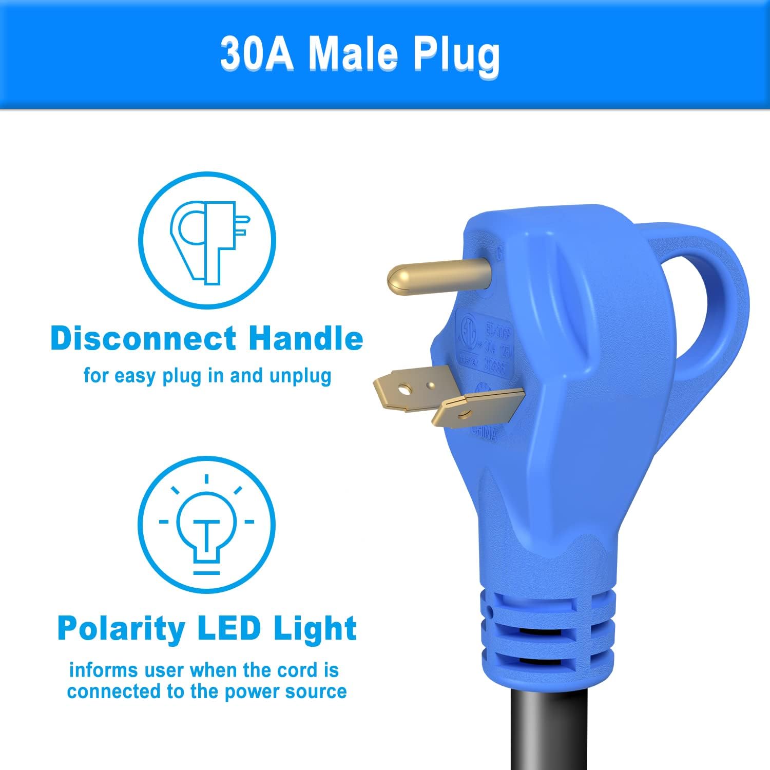 30 Amp 25 Feet RV Extension Cord with Polarity LED Light, Grip Handle, Twist Locking, STW 10AWG 3 Wire, NEMA TT-30P to L5-30R, Pack of 2 V424