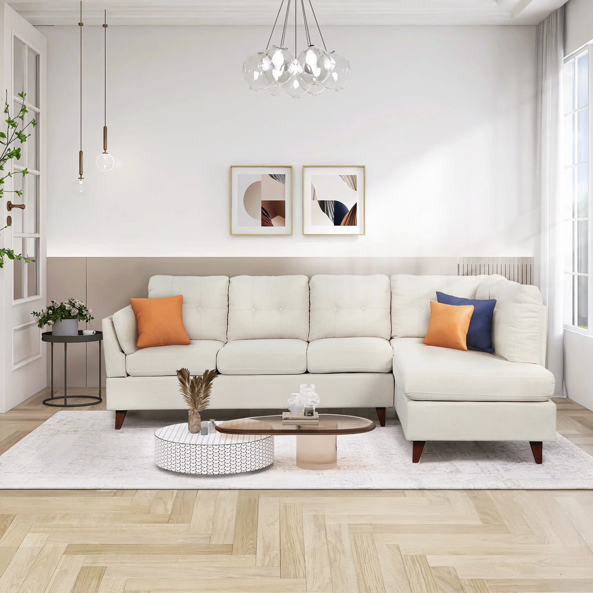 Beige Linen Fabric L-Shape Sectional Sofa with Chaise Lounge C832