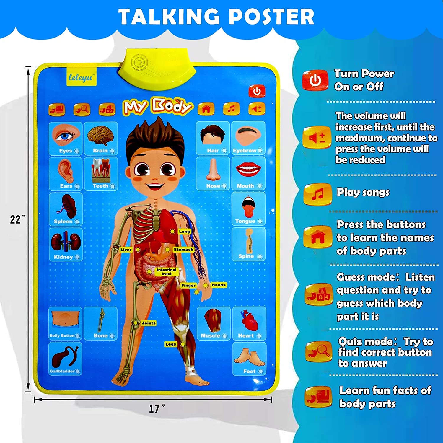 Electronic Interactive Body Talking Poster Learn Names & Facts & Games & Songs of Body Learning Toys for 3,4,5,6,7,8,9 Year Old Boys & Girls Anatomy for Kids I87934