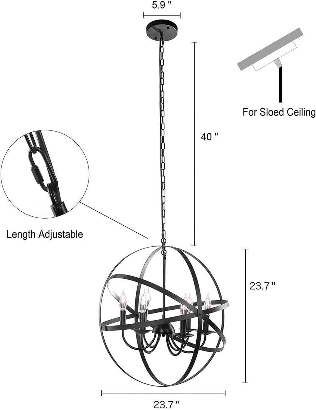 Black 6-Light Farmhouse Chandelier with Spherical Shade K667