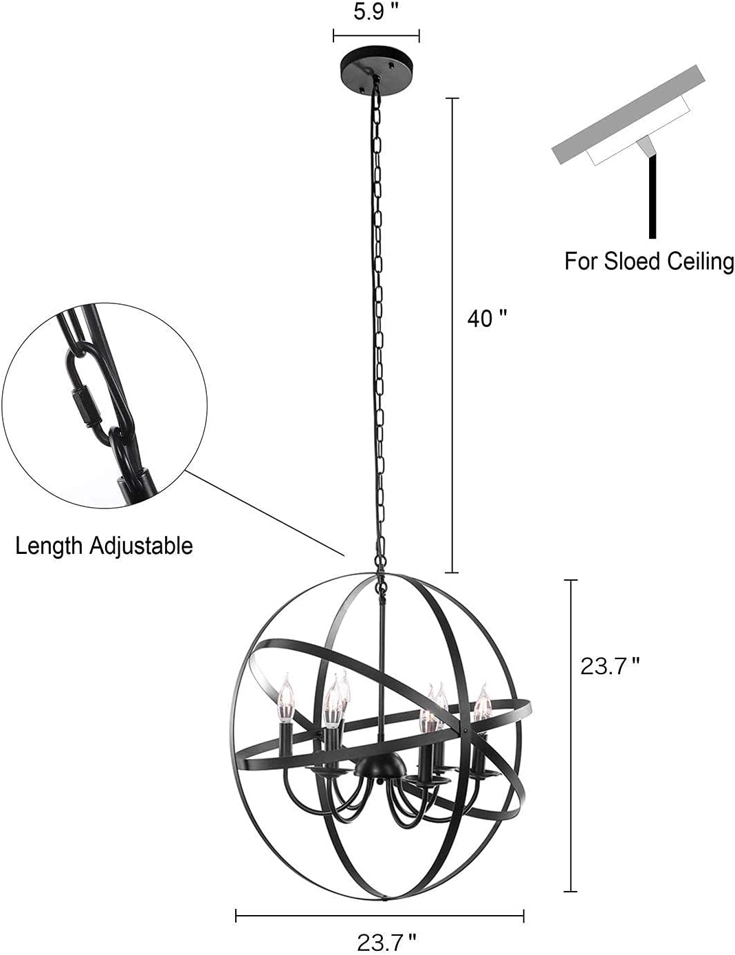 Black 6-Light Farmhouse Chandelier with Spherical Shade K667