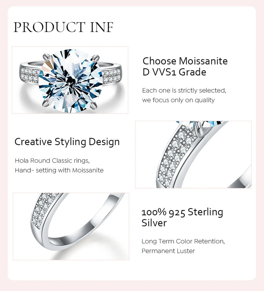 5ct Moissanite Diamond Rings 4-Prong 925 Sterling Silver Wedding Rings with Certificate Q550564