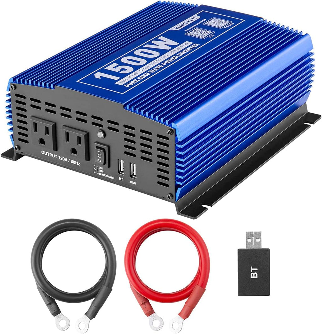 1500W Pure Sine Wave Power Inverter 12V DC to 110V AC Car Inverter with Bluetooth 2AC Outlets USB Port G1625