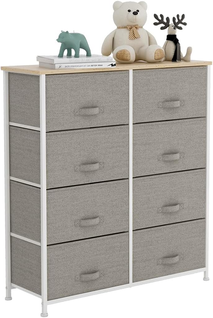 Light grey 8 Drawer Fabric Dresser with Steel Frame and Wooden Top D4183