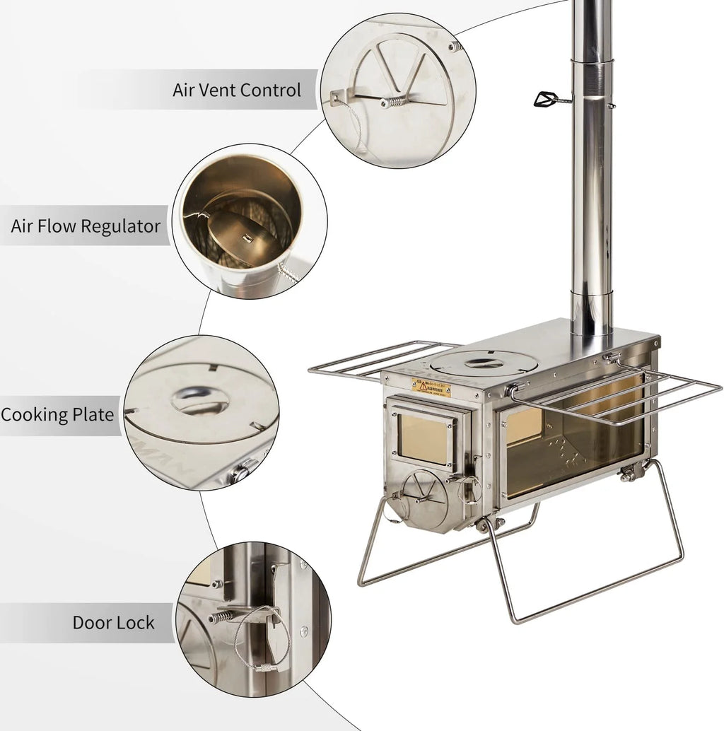 Camping Tent Wood Stove with 6 Section Chimney Pipes, Three-View Windows, Heavy Gauge 304 Stainless Steel W79573