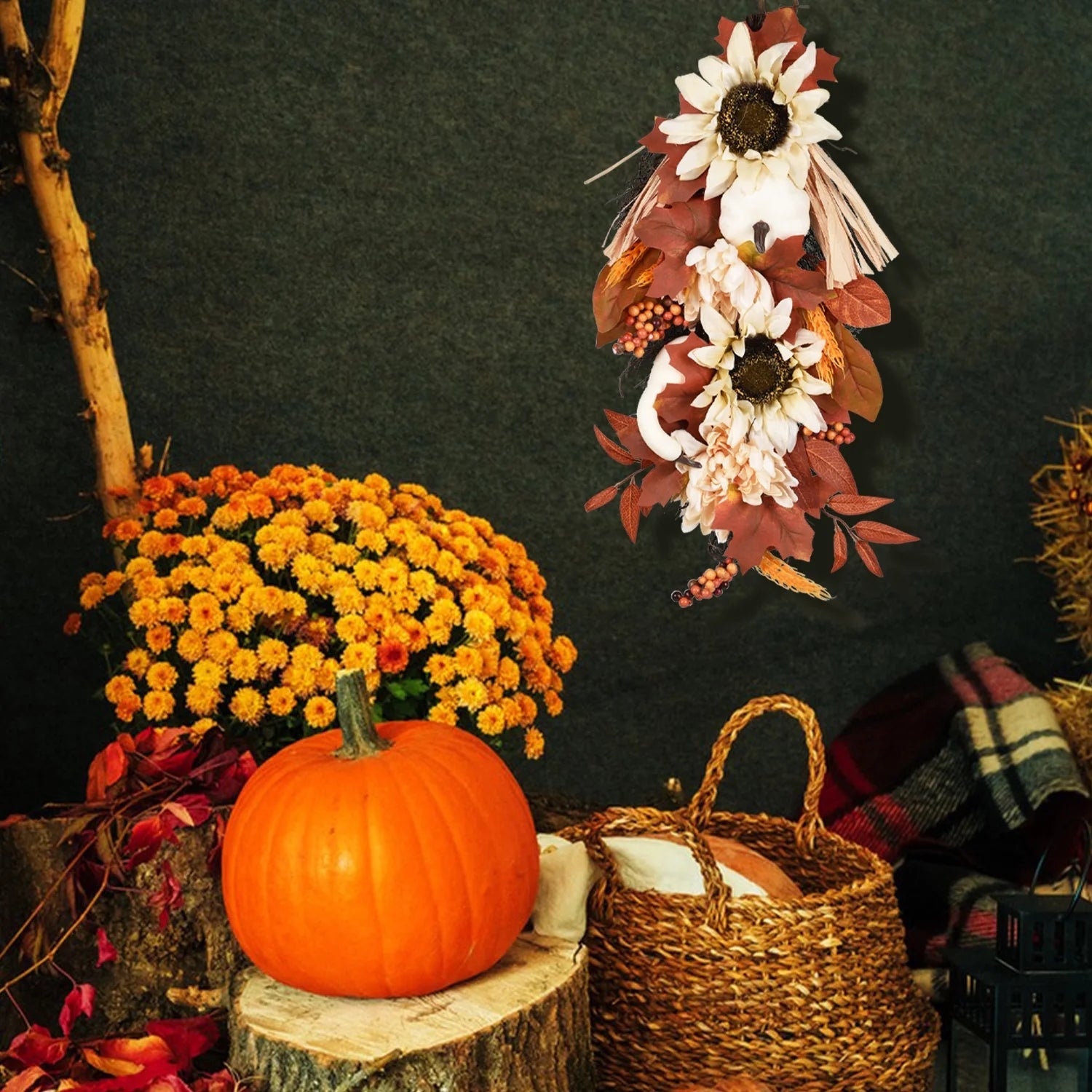 20 Inch Artificial Hanging Vine with Pumpkin Pine Cone Silk Flowers Fall Decor Q3928