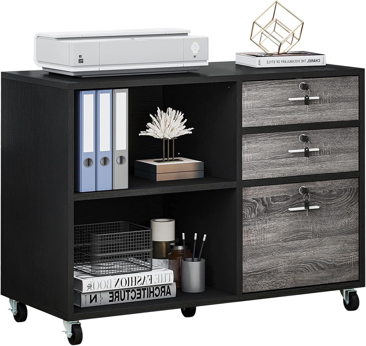 Grey 3 Drawer Mobile Lateral Filing Cabinet with 2 Open Shelves B220835