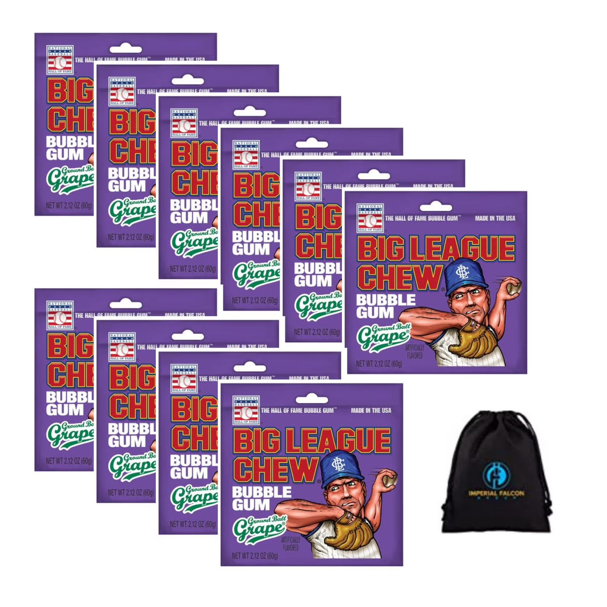 10 Pack 2.12oz Big League Chew Bags with Imperial Falcon Drawstring Carrying Bag T54739