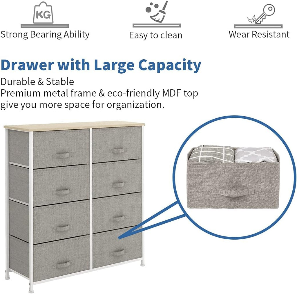 Light grey 8 Drawer Fabric Dresser with Steel Frame and Wooden Top D4183